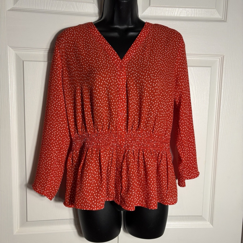 Banana Republic Peplum Blouse Petite S Red White Polka Dot Smocked Waist Button